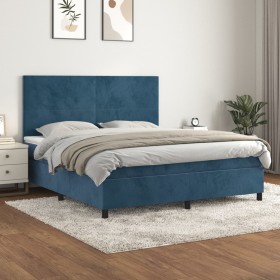 Cama box spring con colchón terciopelo azul oscuro 160x200