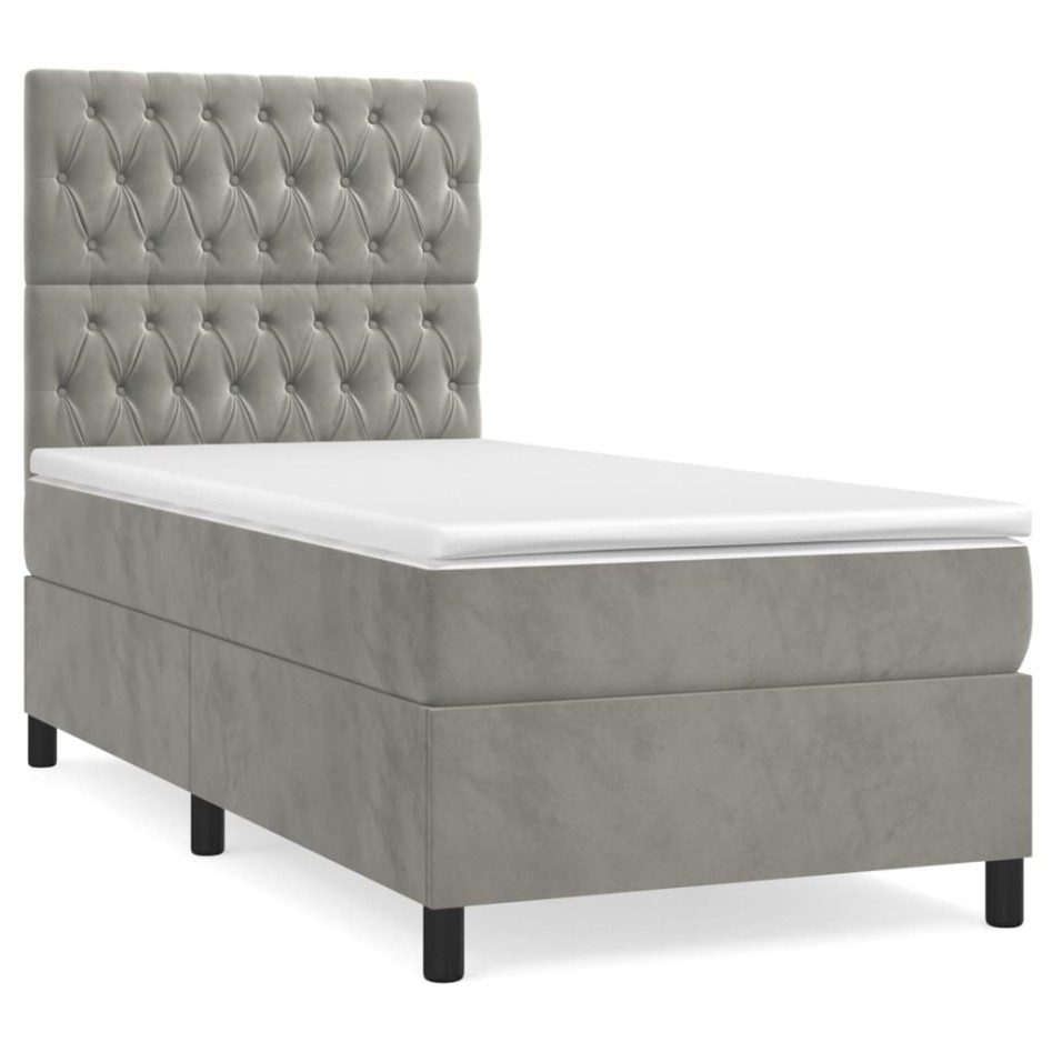 Cama box spring con colchón terciopelo gris claro 100x200