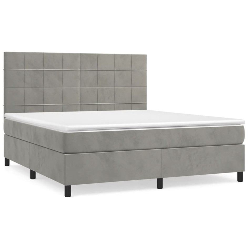 Cama box spring con colchón terciopelo gris claro 180x200