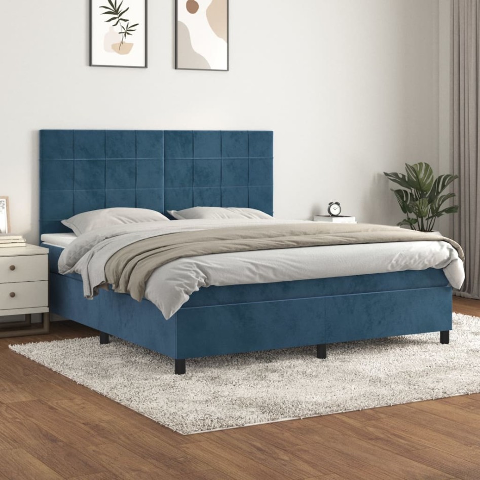 Cama box spring con colchón terciopelo azul oscuro 160x200