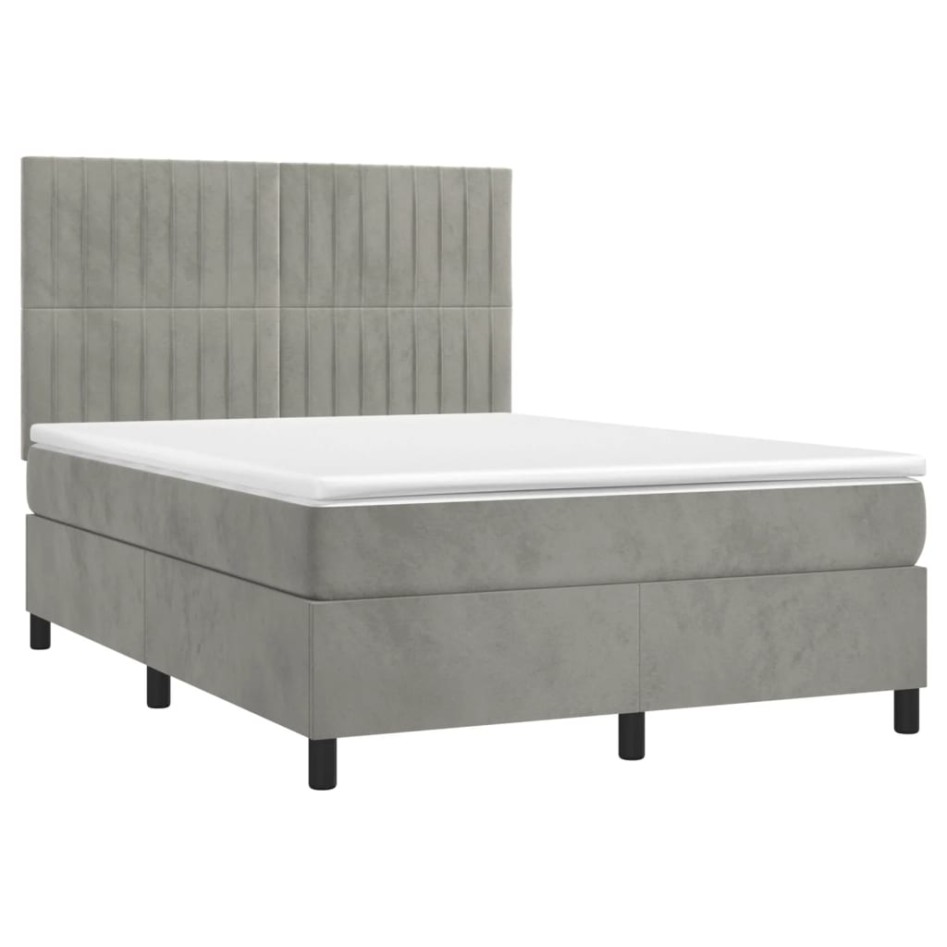 Cama box spring con colchón terciopelo gris claro 140x200
