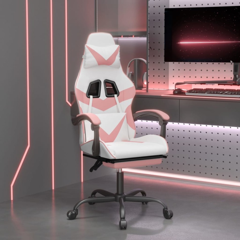 Silla gaming con reposapiés cuero sintético blanco y