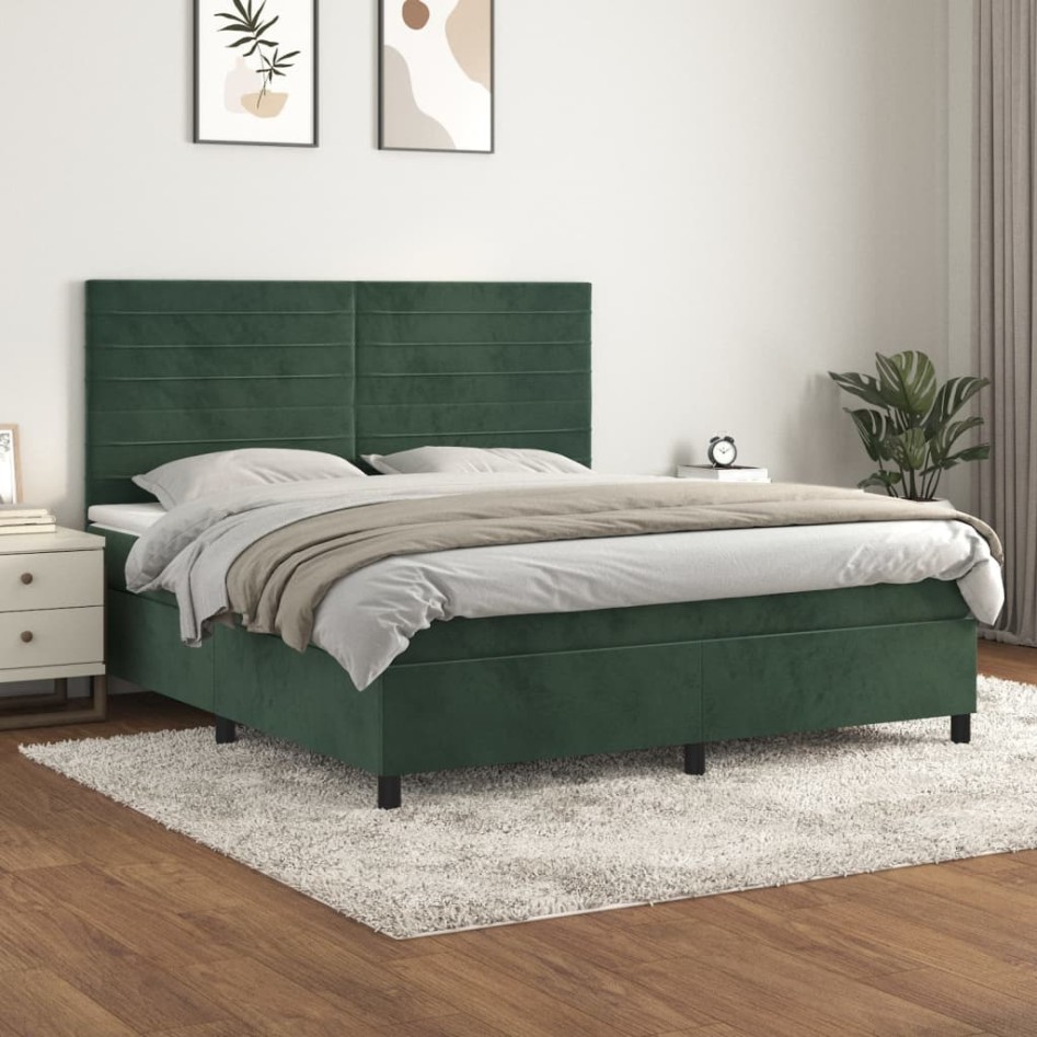 Cama box spring con colchón terciopelo verde oscuro 160x200