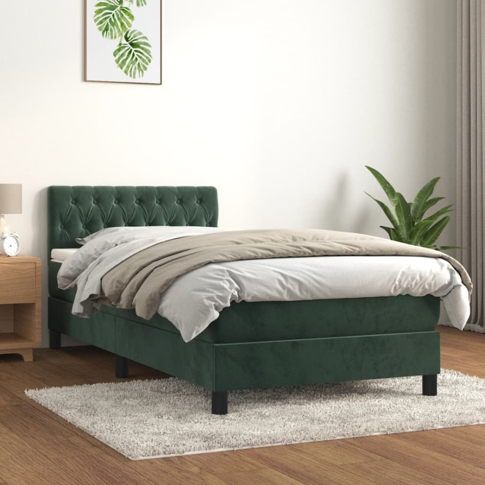 Cama box spring con colchón terciopelo verde oscuro 100x200