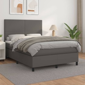 Cama box spring con colchón cuero sintético gris 140x190