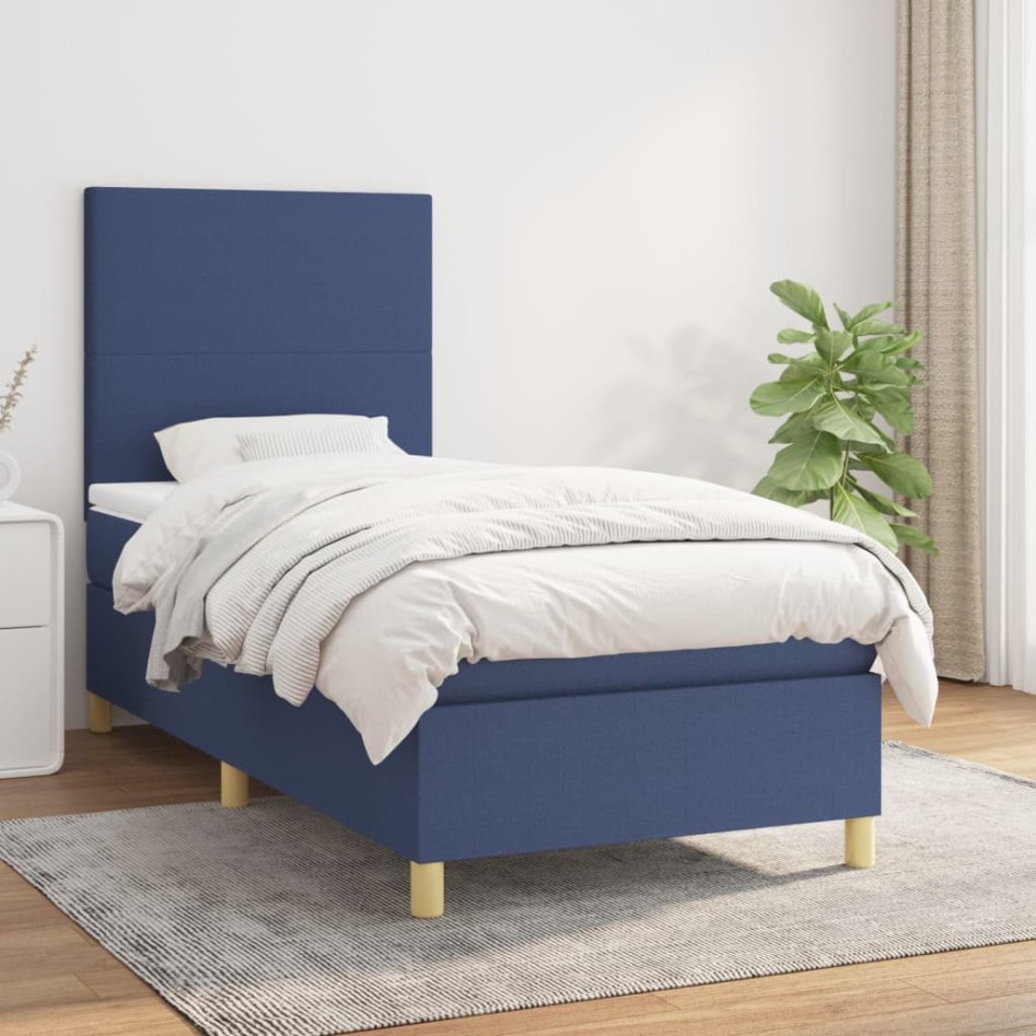 Cama box spring con colchón tela azul 90x190
