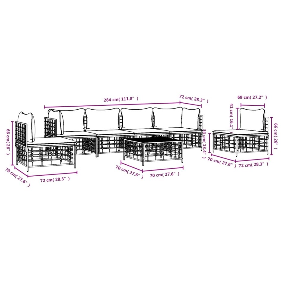 Set muebles de jardín 7 pzas y cojines ratán PE gris