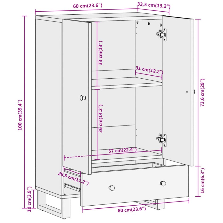 Aparador de madera maciza mango marrón y negro 60x33,5x100