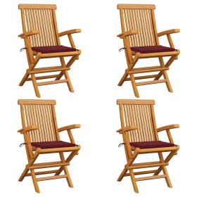 Sillas de jardín 4 uds madera teca con cojines rojo