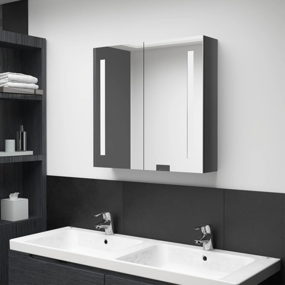 Armario de baño con espejo LED gris brillante 62x14x60