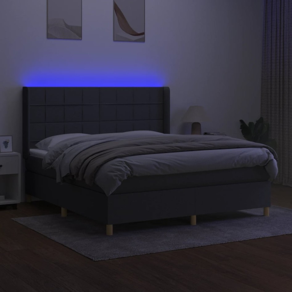 Cama box spring colchón y luces LED tela gris oscuro 160x200