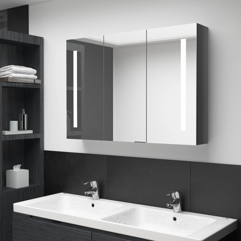 Mueble de baño con espejo LED gris brillante 89x14x62