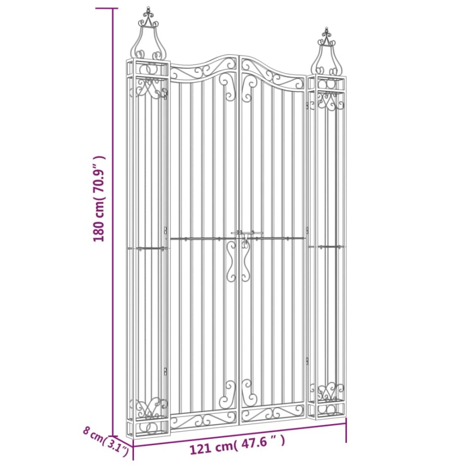 Puerta de jardín de hierro forjado negro 121x8x180