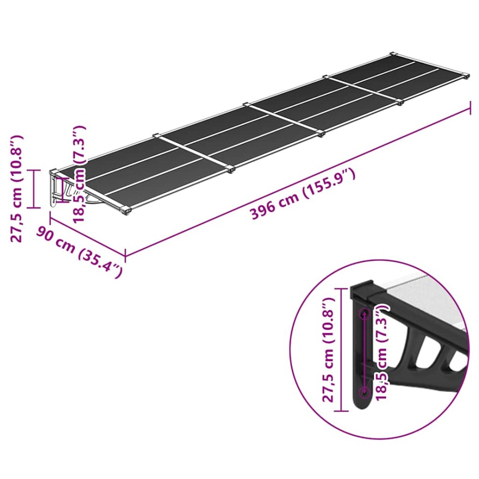 Marquesina puerta policarbonato negro y transparente 396x90