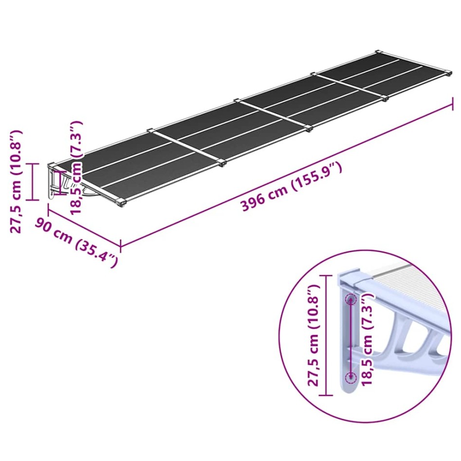 Marquesina puerta policarbonato gris y transparente 396x90