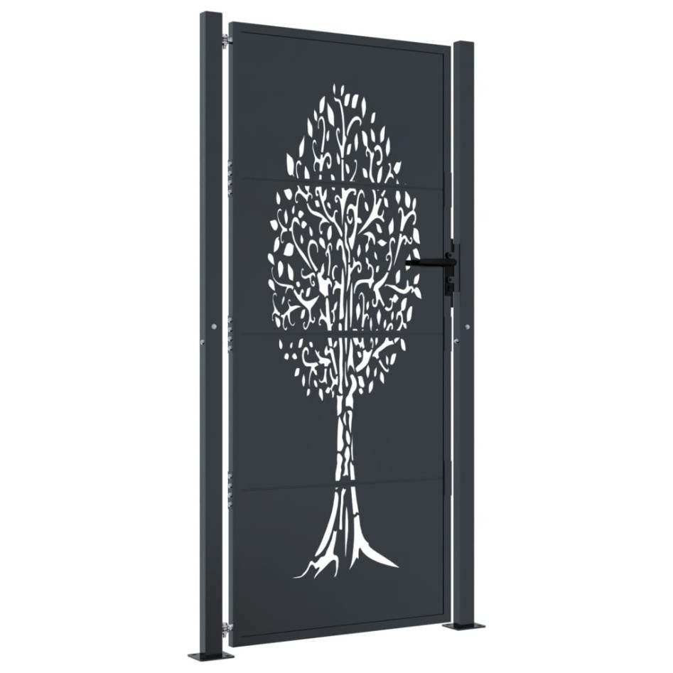 Puerta de jardín acero gris antracita diseño árbol 105x205
