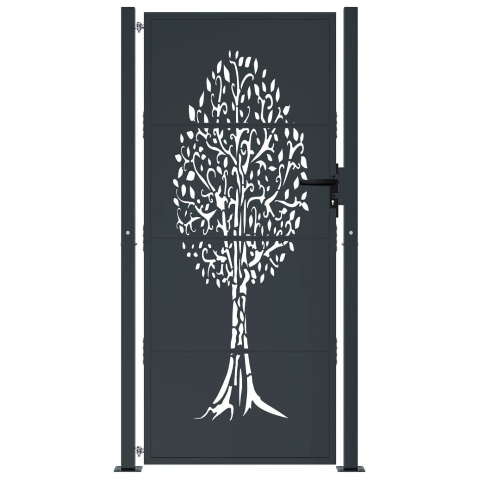 Puerta de jardín acero gris antracita diseño árbol 105x205