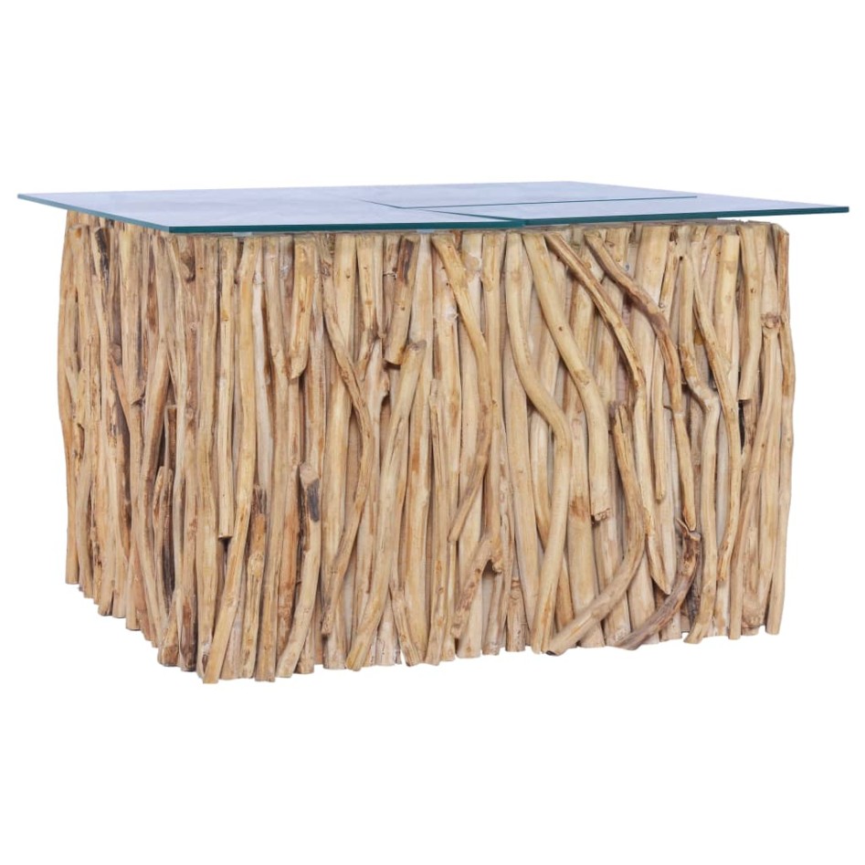 Mesa de centro con superficie de vidrio teca maciza 66x66x40