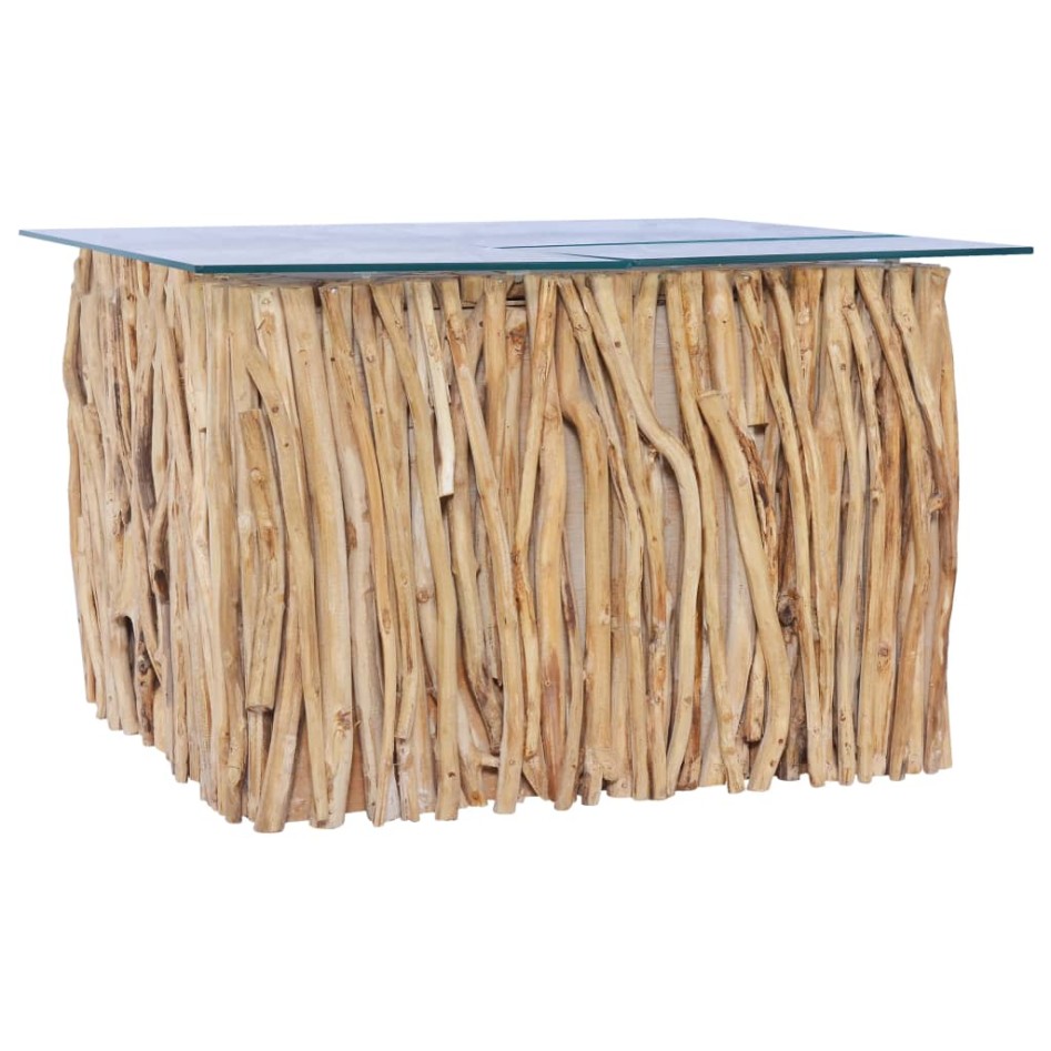 Mesa de centro con superficie de vidrio teca maciza 66x66x40