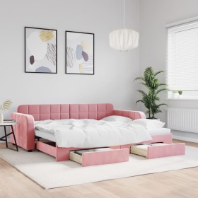 Sofá cama nido con cajones terciopelo rosa 90x200