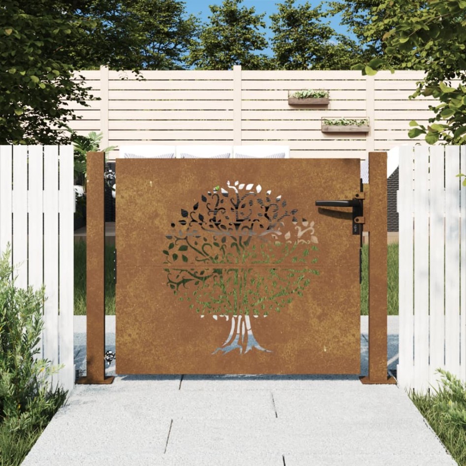 Puerta de jardín acero corten diseño árbol 105x80