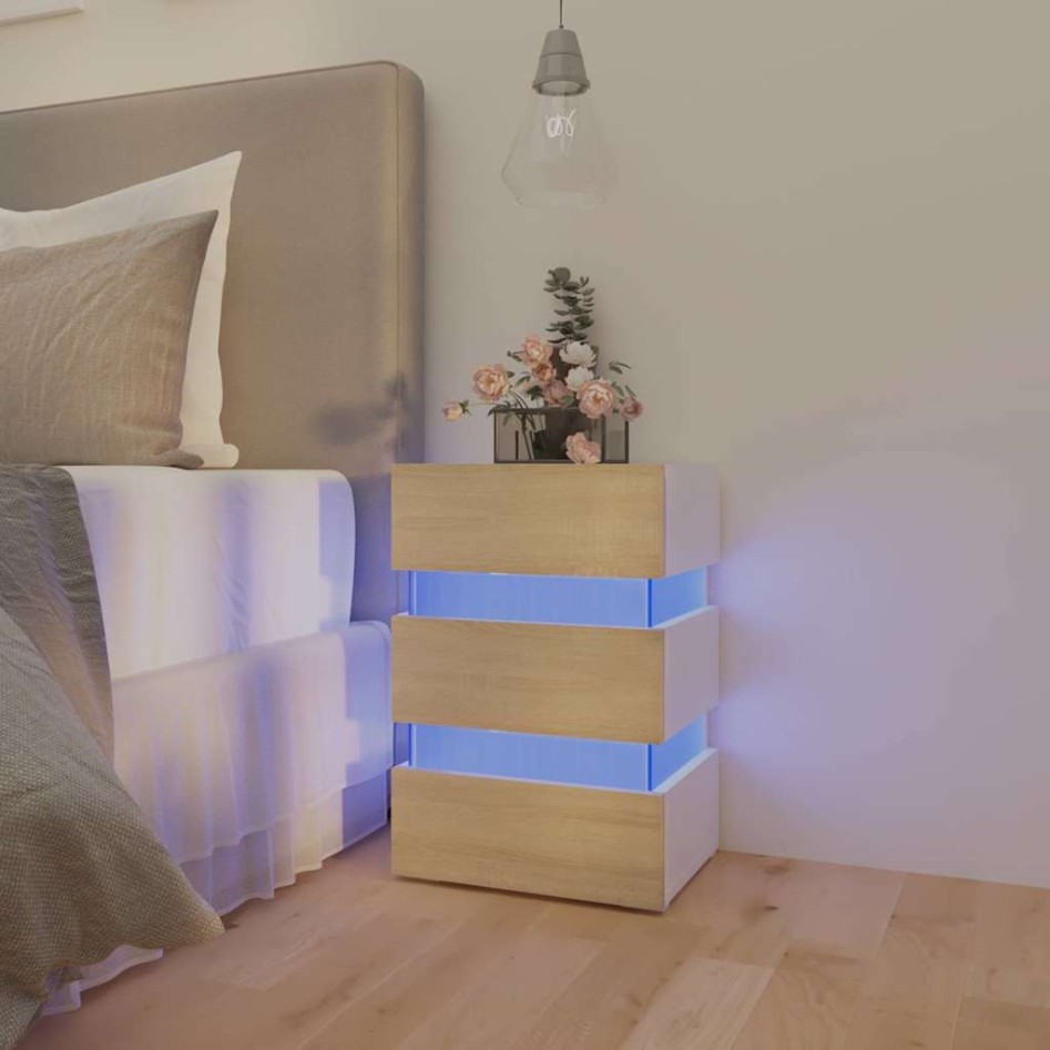 Mesita noche LED blanco y Sonoma madera ingeniería 45x35x67