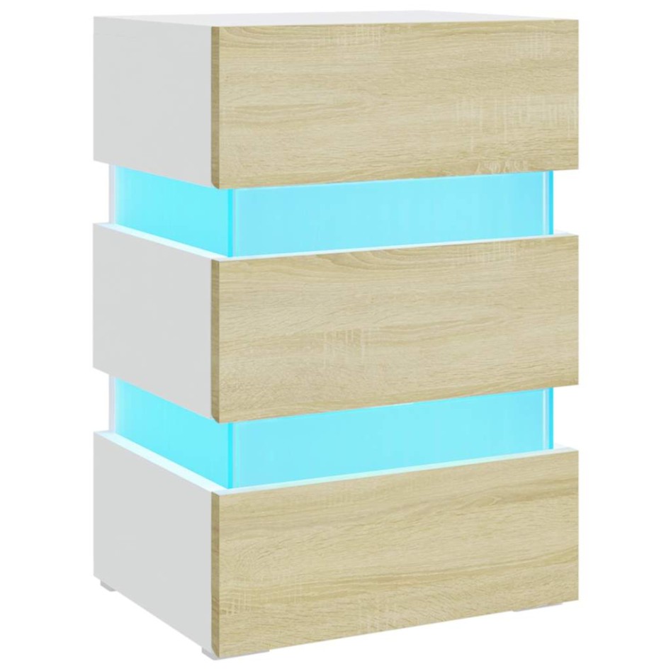 Mesita noche LED blanco y Sonoma madera ingeniería 45x35x67