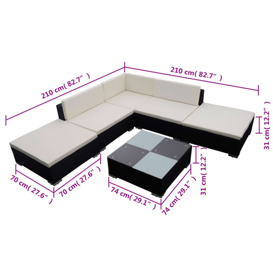 Set muebles de jardín y cojines 6 piezas ratán sintético