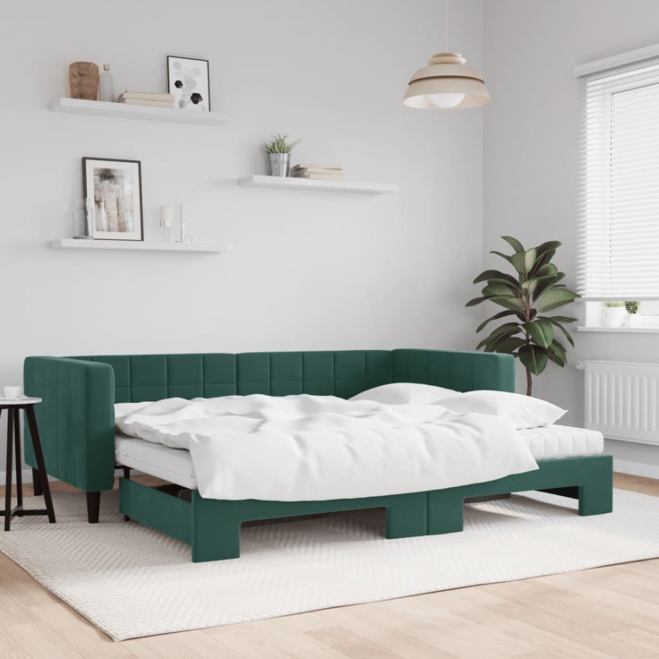 Sofá cama nido con colchón terciopelo verde oscuro 90x200