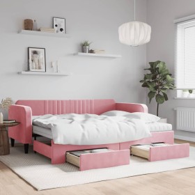 Sofá cama nido con cajones terciopelo rosa 90x200