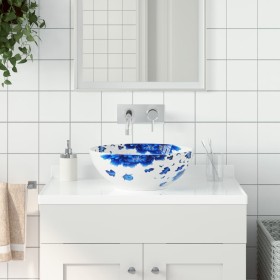 Lavabo sobre encimera redondo cerámica blanco y azul Φ41x14
