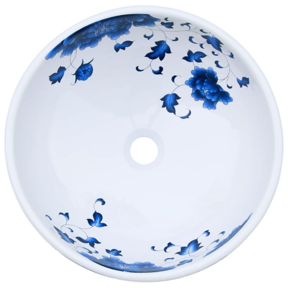 Lavabo sobre encimera redondo cerámica blanco y azul Φ41x14