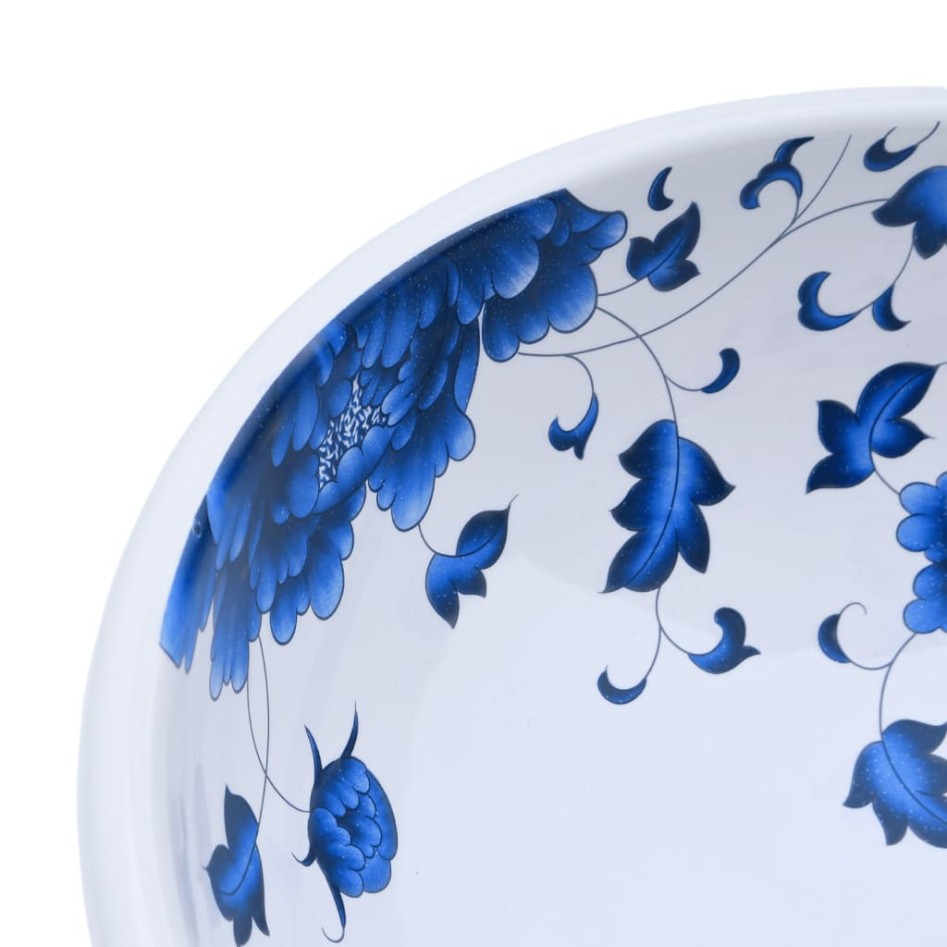 Lavabo sobre encimera redondo cerámica blanco y azul Φ41x14