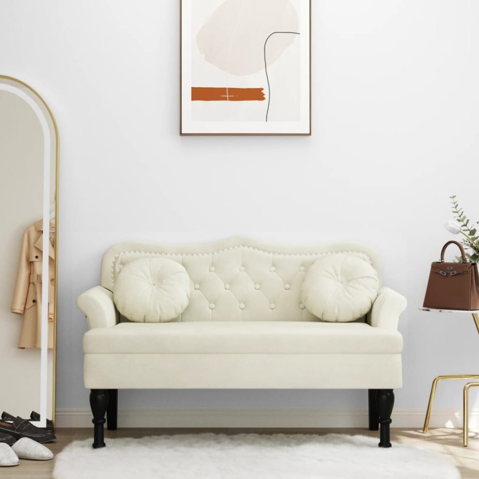 Banco con cojines terciopelo crema 120,5x65x75