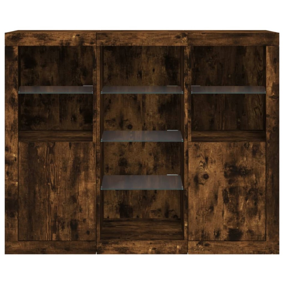 Aparador con luz LED 3 pzas madera de ingeniería roble