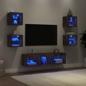 Muebles TV pared con LED 7 pzas madera ingeniería roble