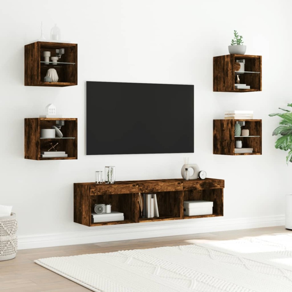Muebles TV pared con LED 7 pzas madera ingeniería roble