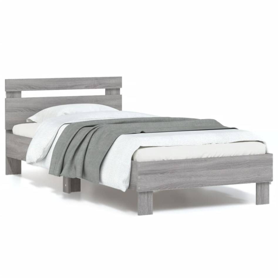 Estructura de cama cabecero luces LED gris Sonoma 90x200
