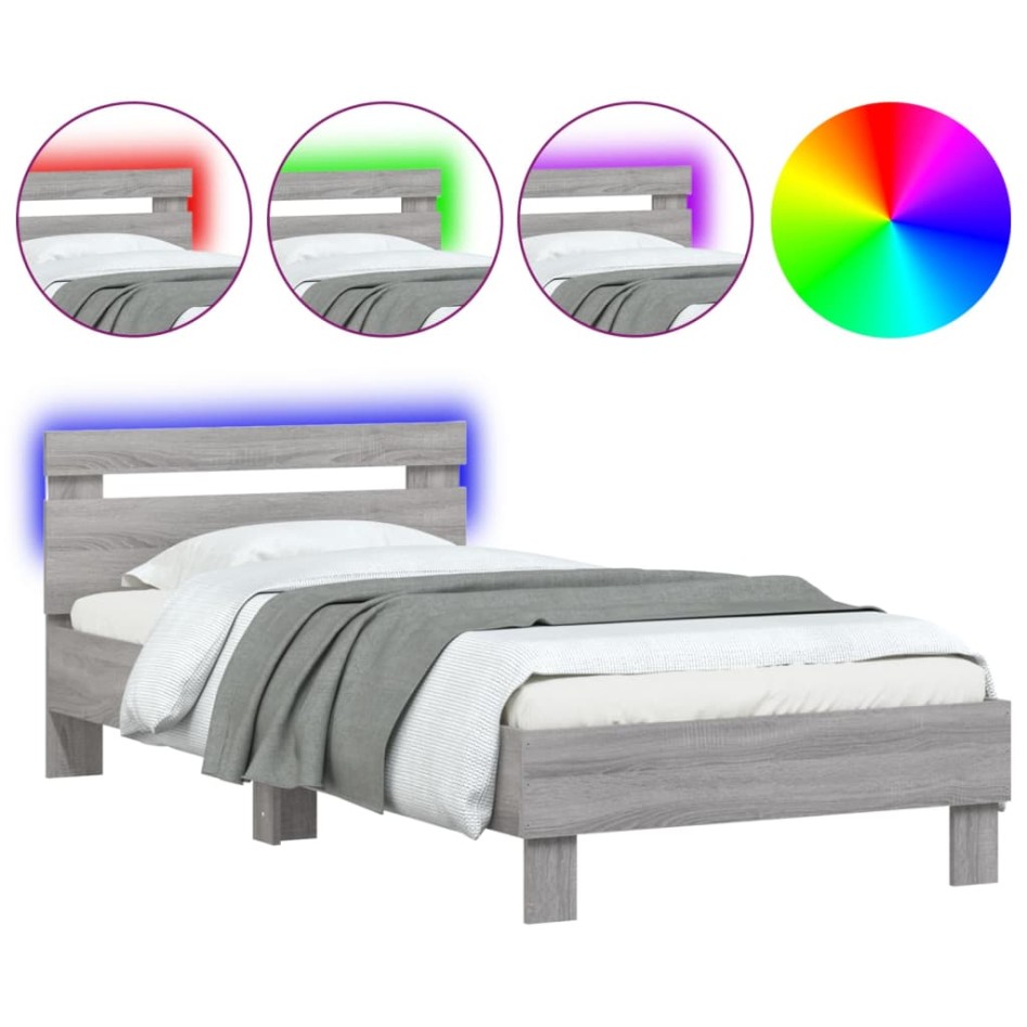 Estructura de cama cabecero luces LED gris Sonoma 90x200