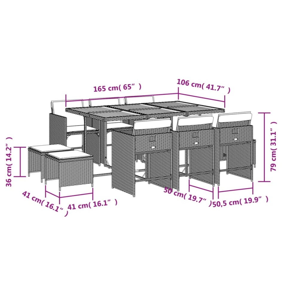 Set de comedor jardín 11 pzas con cojines ratán sintético