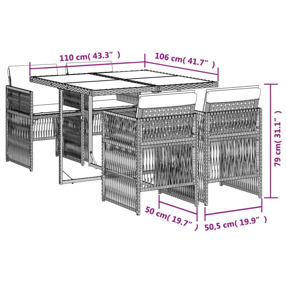 Set comedor de jardín 5 piezas con cojines ratán sintético