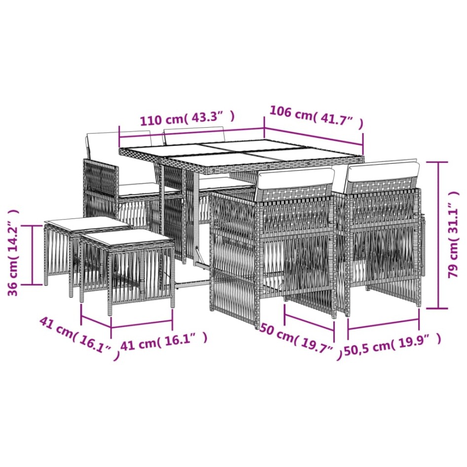 Set comedor de jardín 9 pzas con cojines ratán sintético