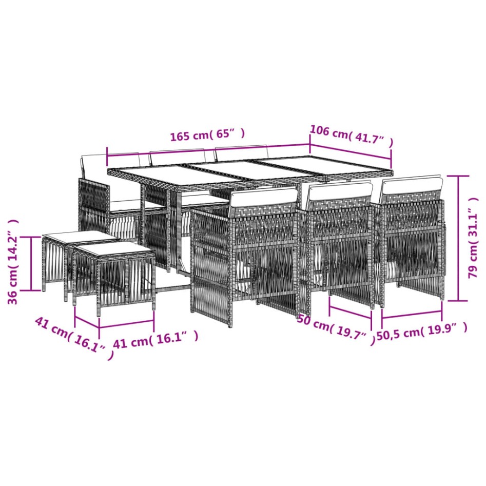 Set comedor de jardín 11 pzas con cojines ratán sintético
