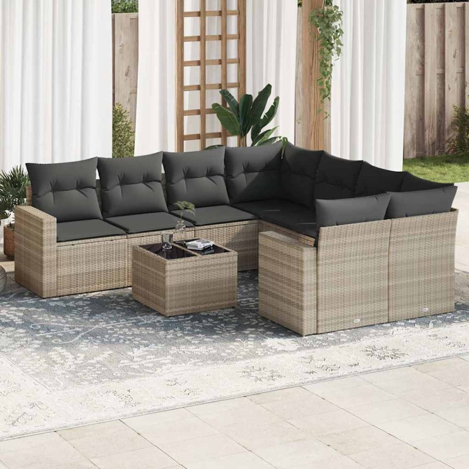 Set muebles jardín 9 pzas y cojines ratán sintético gris