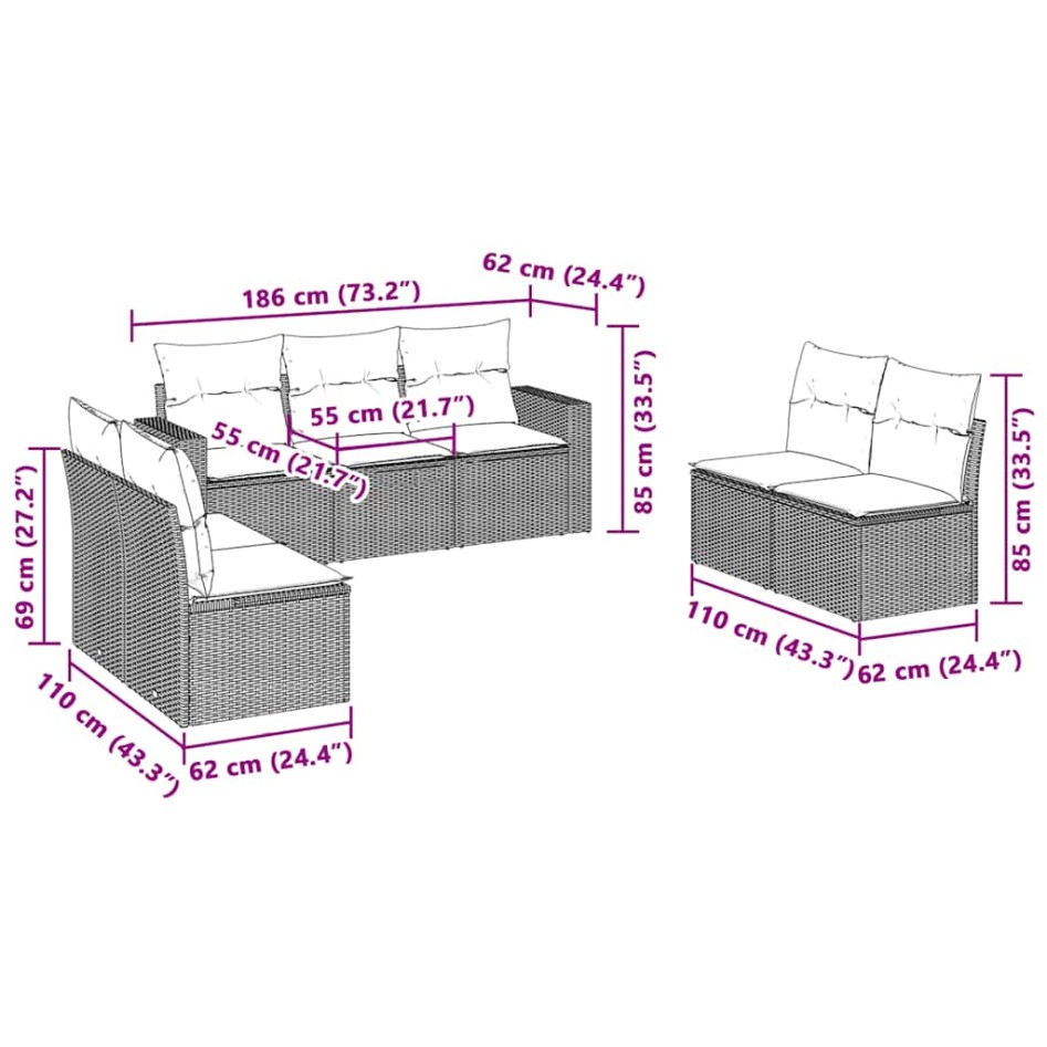Set de sofás de jardín 7 pzas con cojines ratán PE gris
