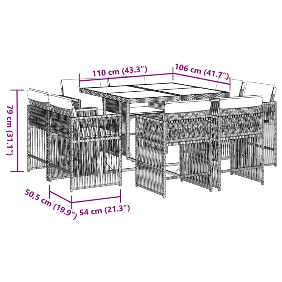 Set de comedor de jardín 9 pzas y cojines ratán sintético