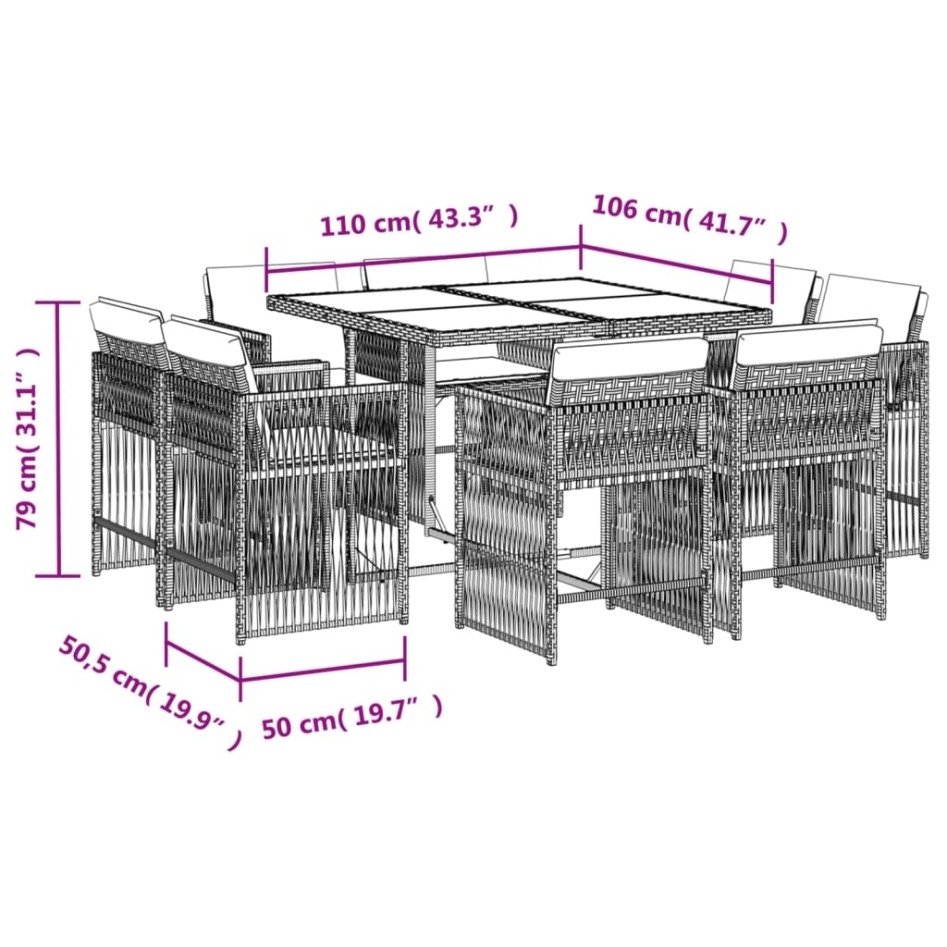 Set comedor de jardín 9 pzas con cojines ratán sintético