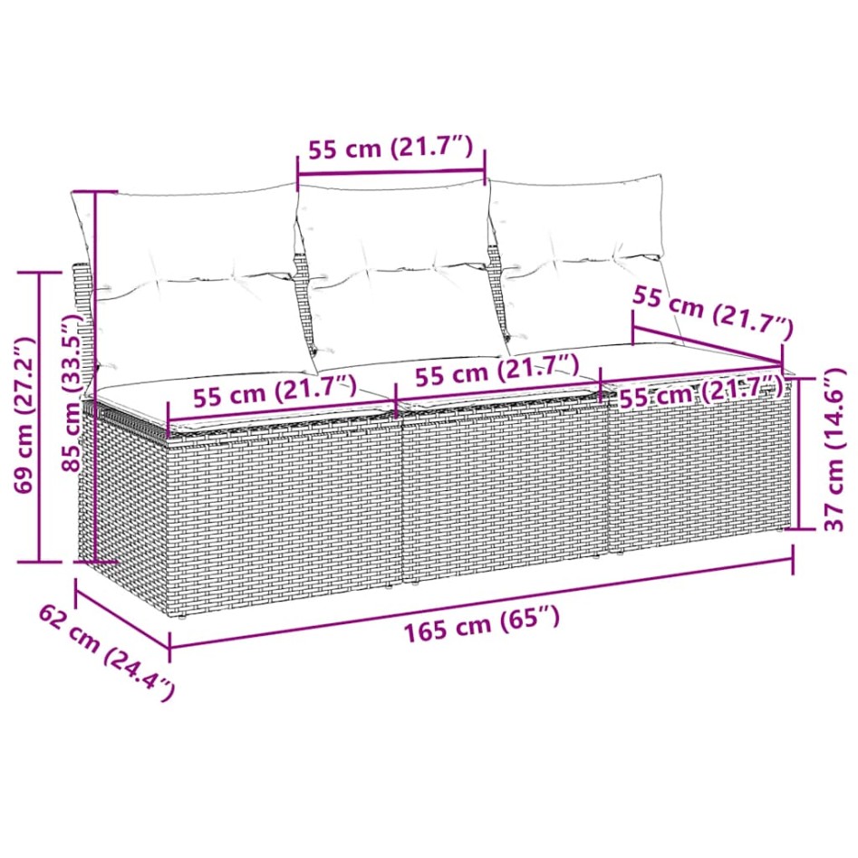 Sofá de jardín con cojines 3 plazas ratán sintético gris
