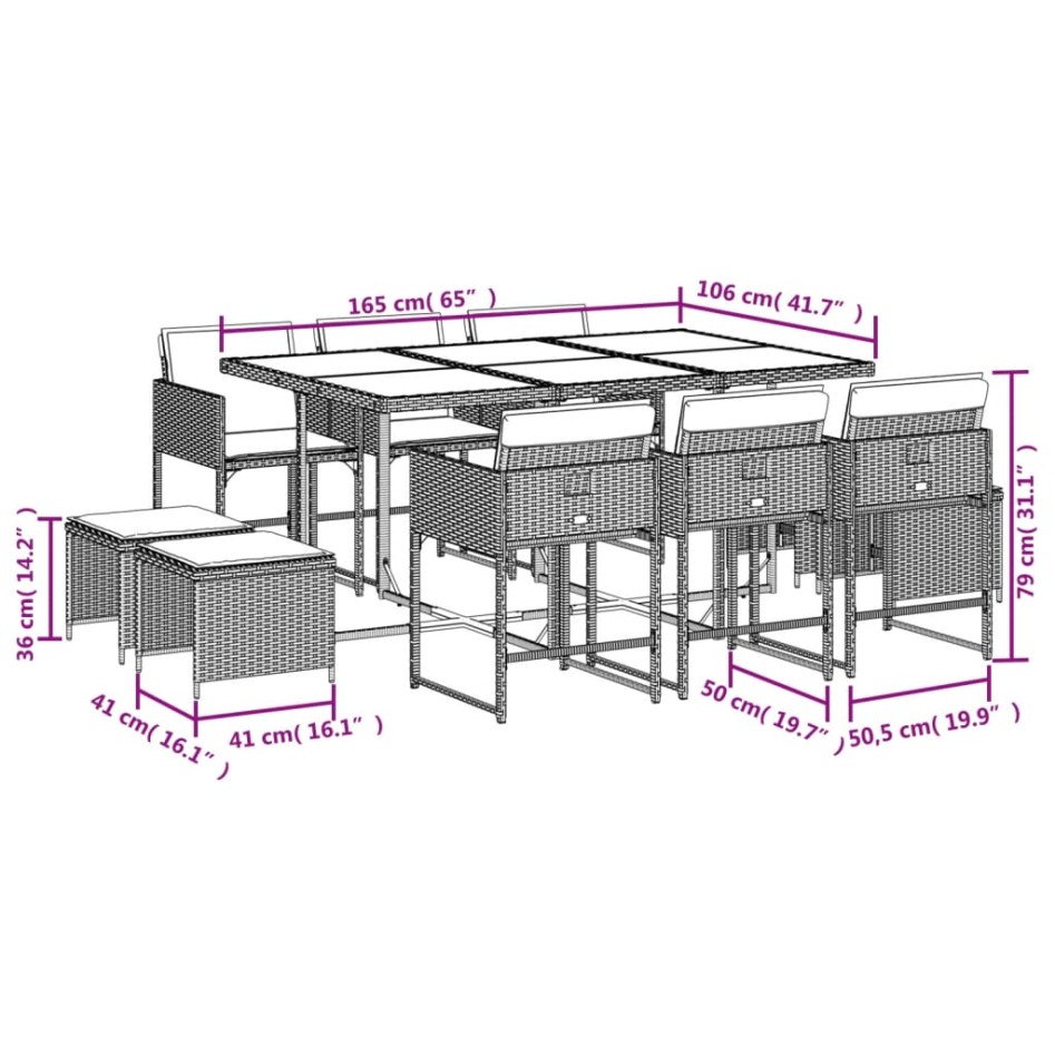 Set de comedor de jardín 11 pzas y cojines ratán sintético