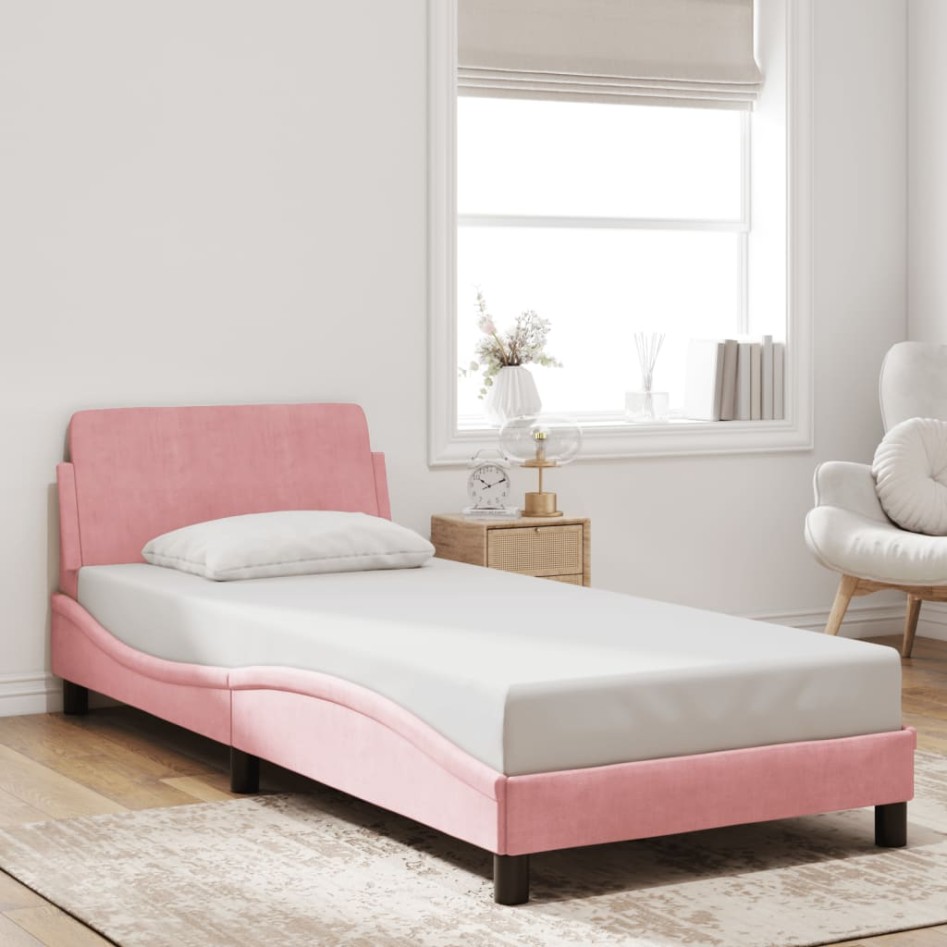 Cama con cabecero sin colchón terciopelo rosa 90x200